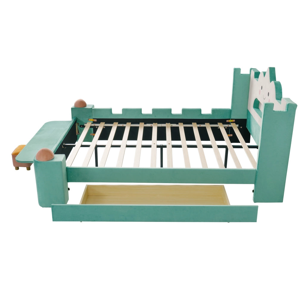 Letto per bambini 140 × 200 cm con lampada da lettura e USB, cassetto contenitore, senza materasso, velluto blu-verde