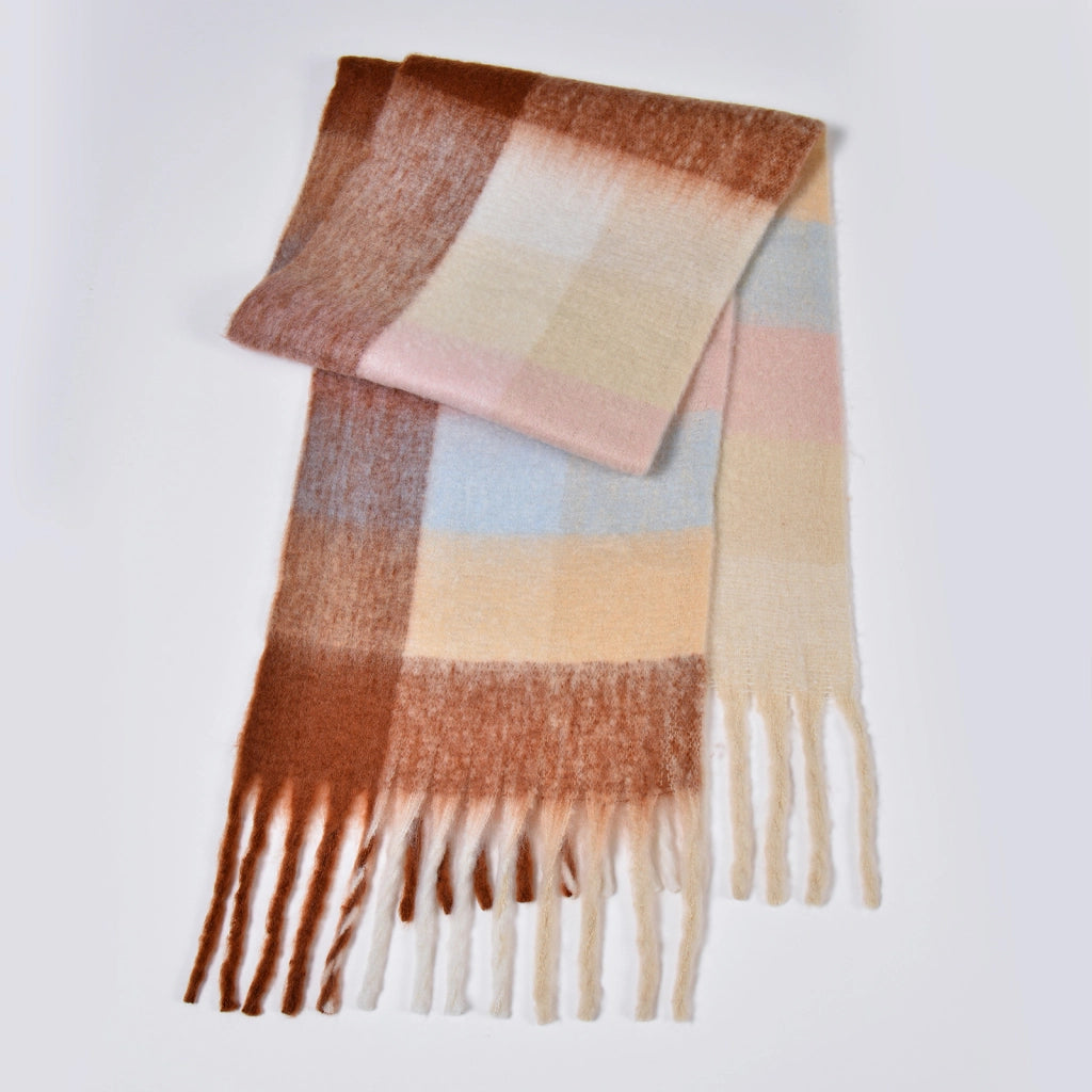 Nuova sciarpa a quadri arcobaleno, elegante, spessa, calda, lunga sciarpa a quadri con nappe