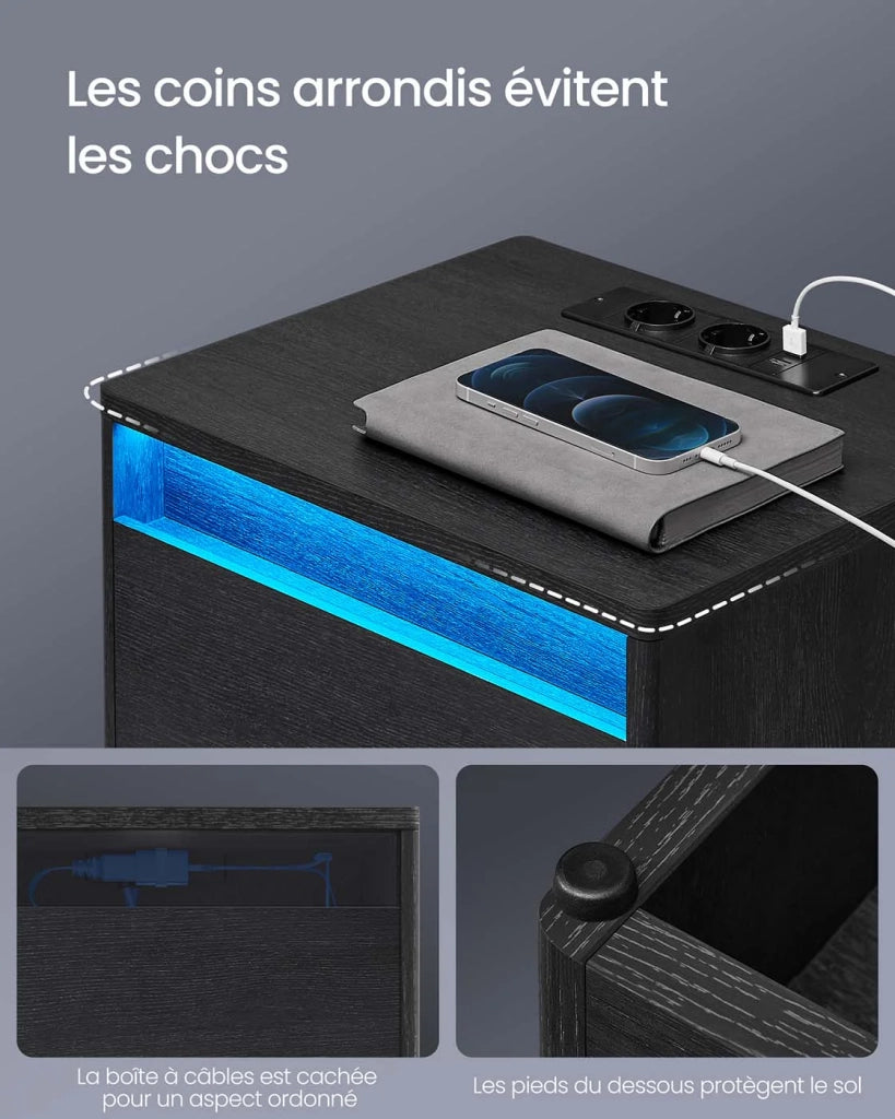 Comodino con multipresa tavolino laterale con luci LED regolabili comodino con cassetto 2 prese elettriche 2 porte USB moderno per camera da letto/soggiorno nero 12_0007661