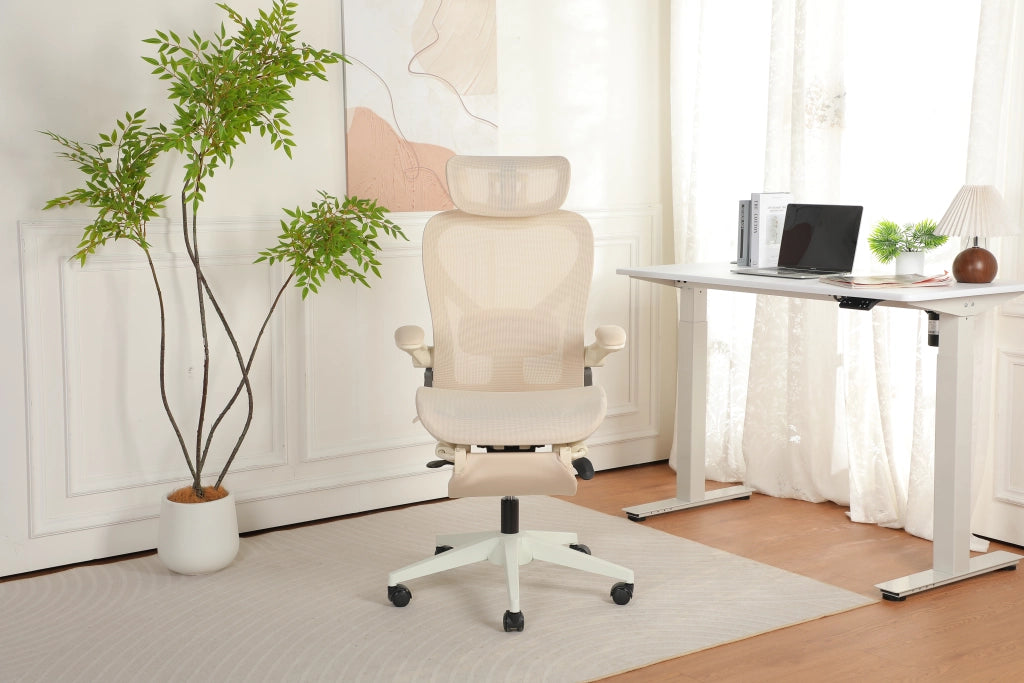 Sedia da ufficio ergonomica pieghevole in rete con poggiatesta regolabile e supporto lombare salvaspazio crema