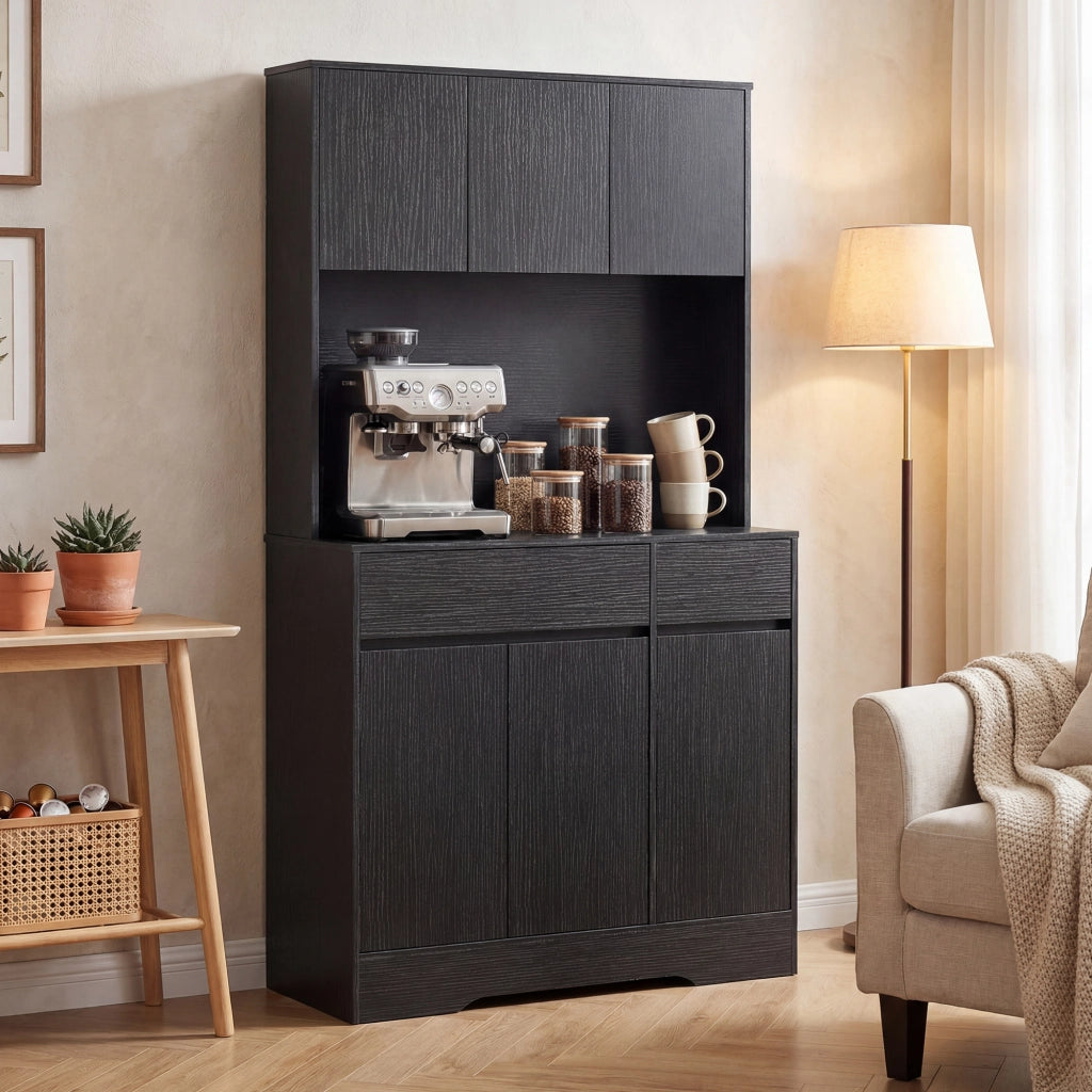 Credenza con piano lavoro, 6 ante, armadio stoccaggio alto con ripiani ¨C zephmum ¨C Nero