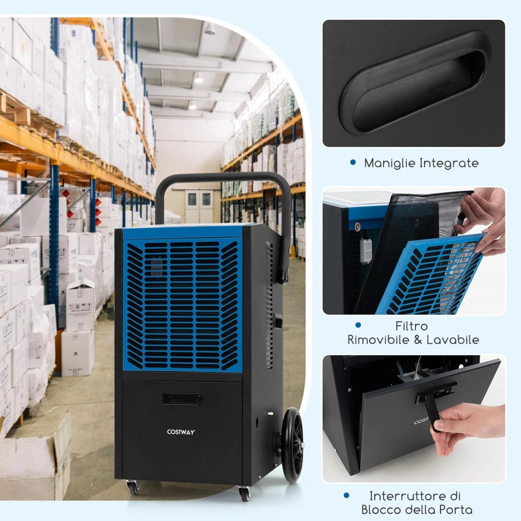 66 L Deumidificatore Commerciale, Deumidificatore con Pompa e Tubo di Drenaggio, Deumidificatore Industriale con Timer 24H e 4 Ruote per Cantina Magazzino (Blu)