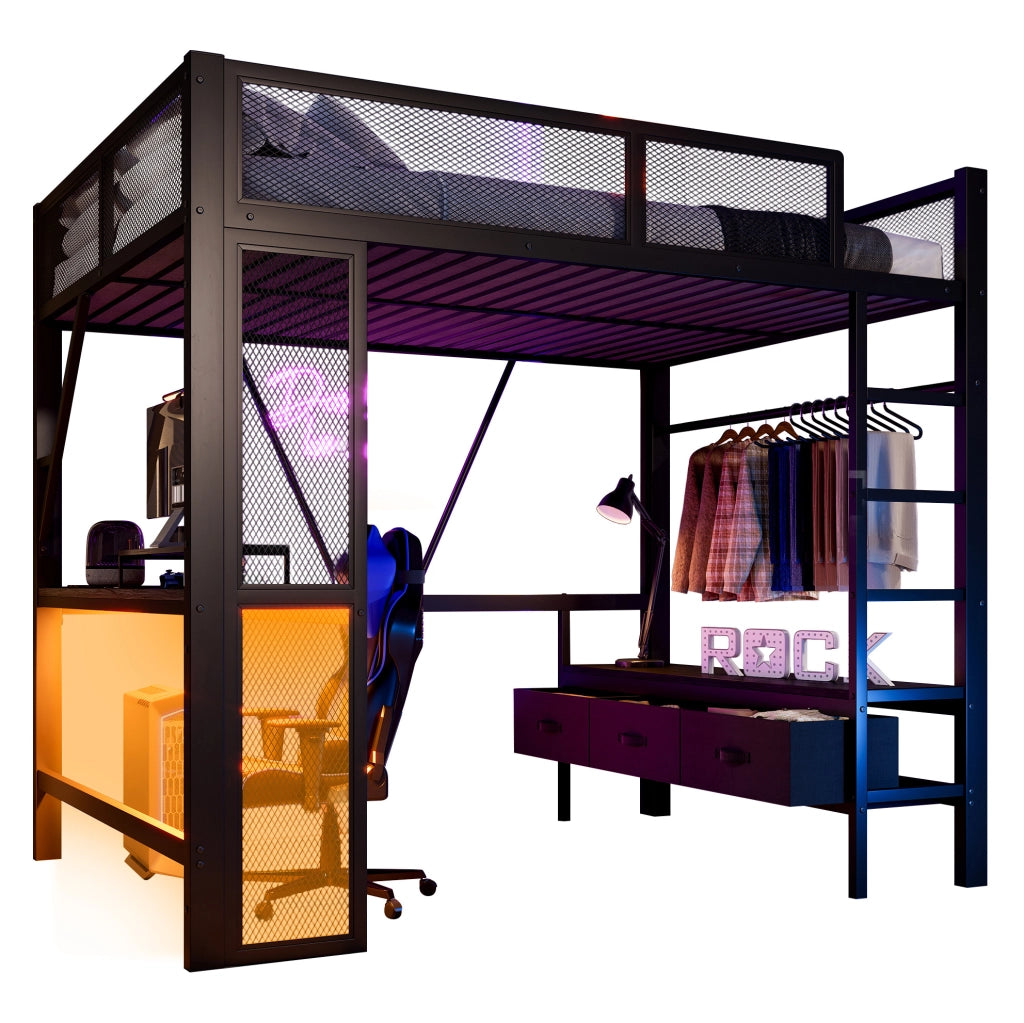 Letto a soppalco 140x200 cm nero – scrivania, contenimento e LED, senza materasso