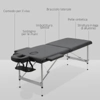 Lettino per Massaggio Portatile e Pieghevole con Altezza Regolabile e Seduta Imbottita, 186x71x62-83 cm, Nero