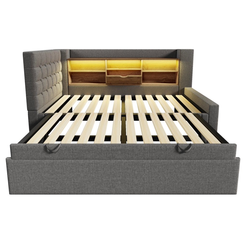 Letto estraibile 90x200 cm con secondo letto 90x190 cm; LED e porte USB; tessuto grigio