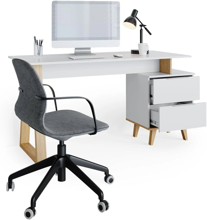 Scrivania Nautica, Bianco, 138 x 60 cm con cassetti L, adatto per postazioni di lavoro al computer e uso in home office