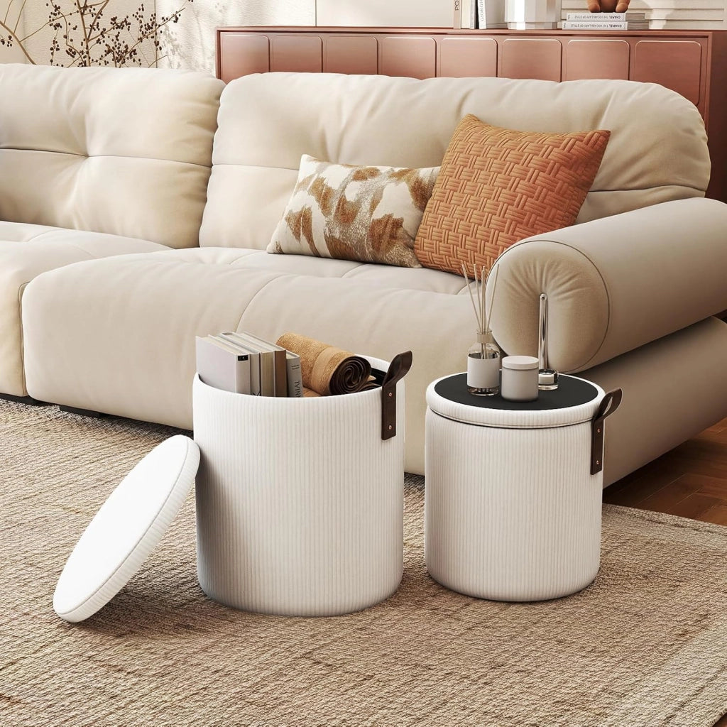 Set di 2 Pouf Contenitore, Poggiapiedi per Soggiorno in Velluto con Coperchi Rimovibili, Sedute Imbottite, Sgabello da Trucco 40 L+25 L, Portata 150 KG, Grigio/Bianco (Bianco)