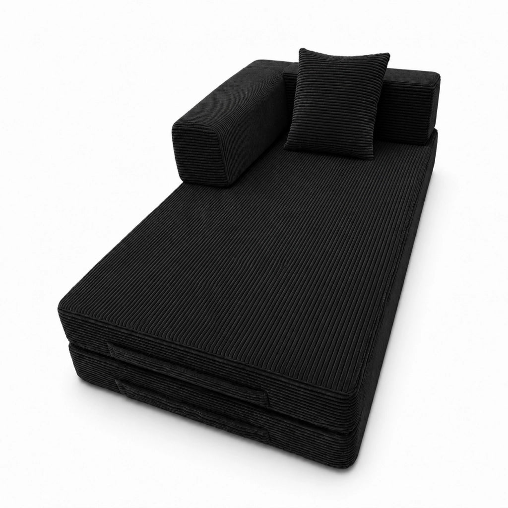 Divano letto pieghevole con schienale e braccioli in ciniglia nero 185×92.5×60 cm