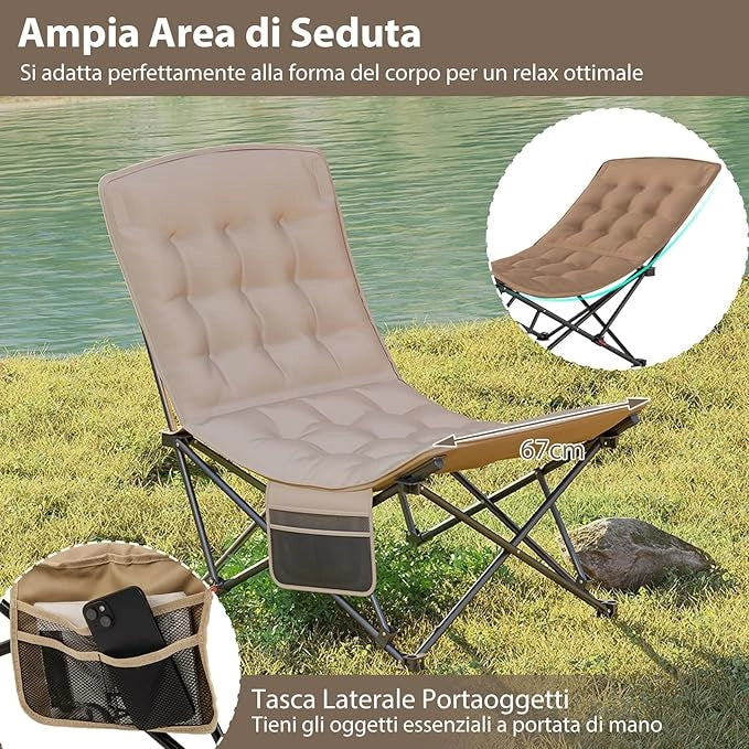 Sedia da Campeggio Pieghevole, Lounge Recliner Portatile con Schienale Regolabile, Sedile Imbottito con Borsa da Trasporto, per Esterno Giardino Cmapeegio, Portata 225 kg