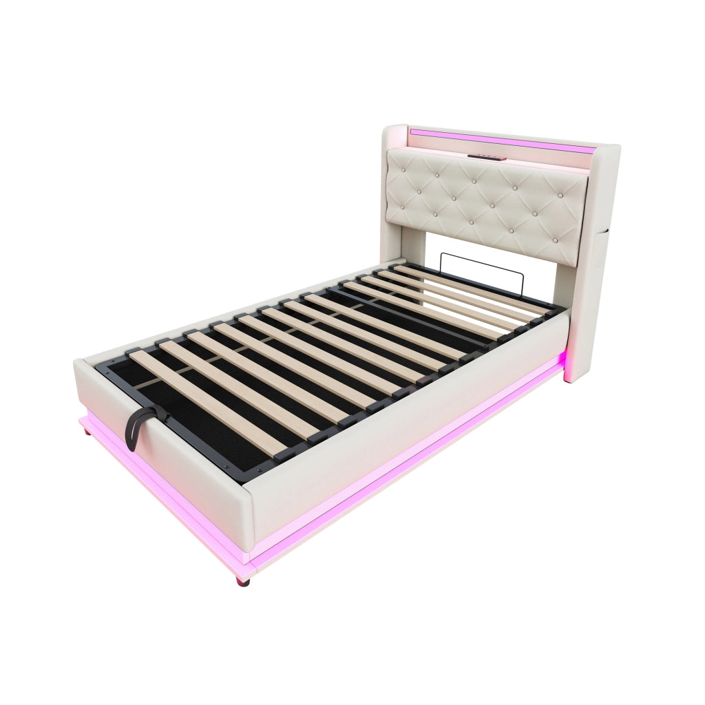 Letto singolo 90×200 cm con contenitore; testiera apribile; LED; USB e Type-C; senza materasso; lino; beige