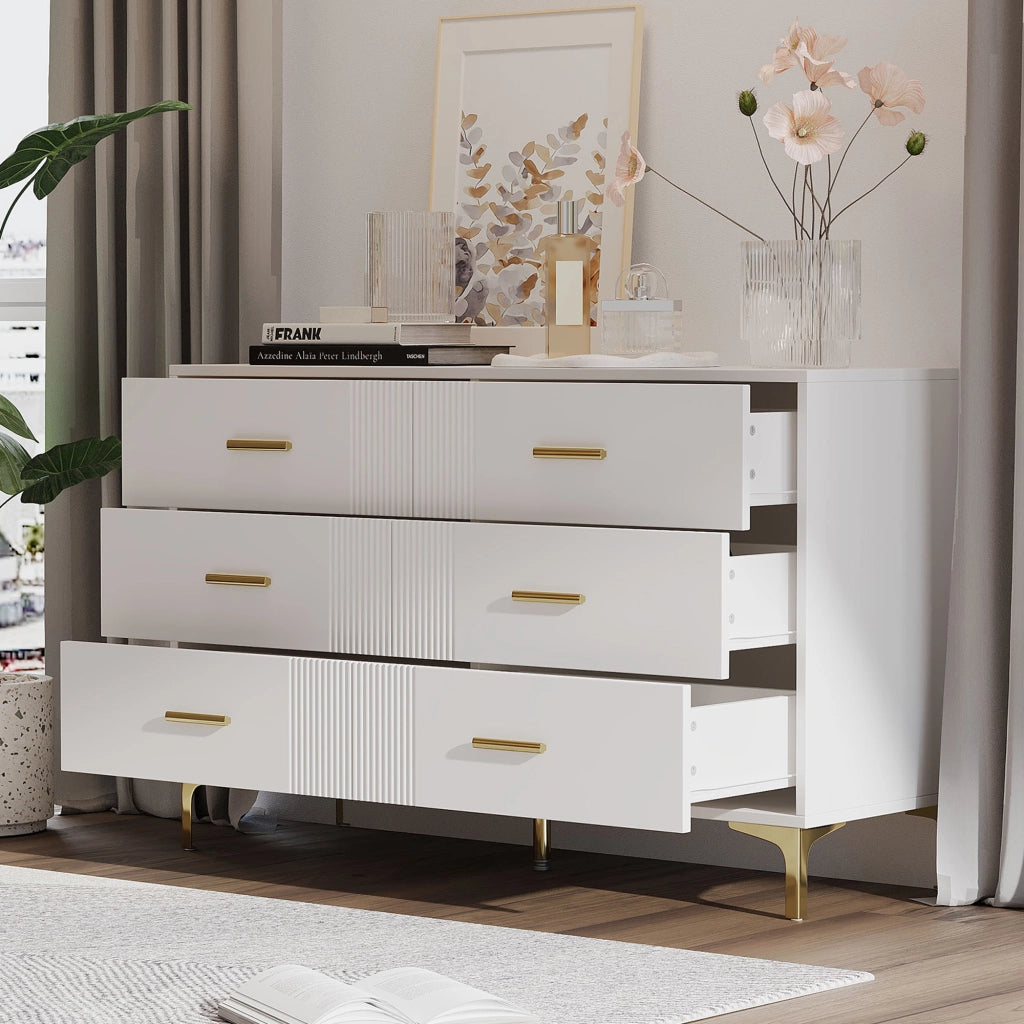 Com¨° moderno bianco con 6 cassetti, struttura in MDF, design rigato, 120 x 40 x 76 cm