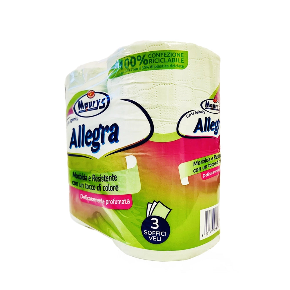 MAURY'S SET 4 ROTOLI CARTA IGIENICA ALLEGRA A 3 VELI VERDE DELICATAMENTE PROFUMATA DA 550GR