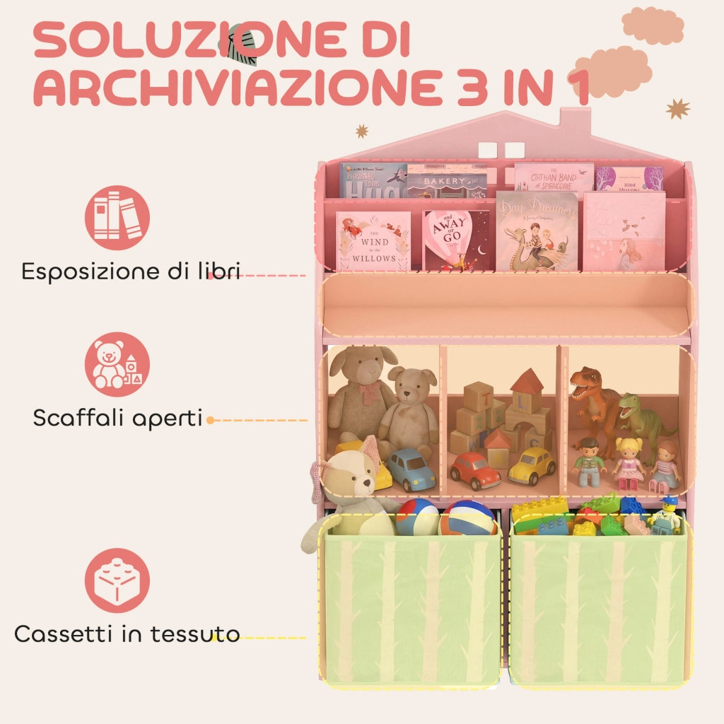 Libreria per Bambini a 3 Livelli con Cassetti e Scaffali, in Legno e Tessuto, 62.5x30x91.5 cm, Rosa