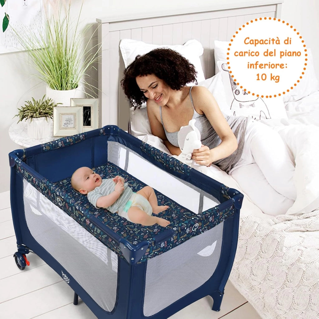 Lettino da Campeggio con Materasso, Lettino per Bambini Pieghevole, Culla da Viaggio Portatile con 2 Ruote, Per Bambini 0-36 Mesi, 125 x 65 x 76 cm (Blu)