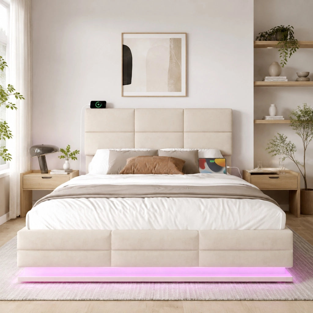 Letto matrimoniale 160x200 cm in velluto beige con testiera regolabile; LED e USB