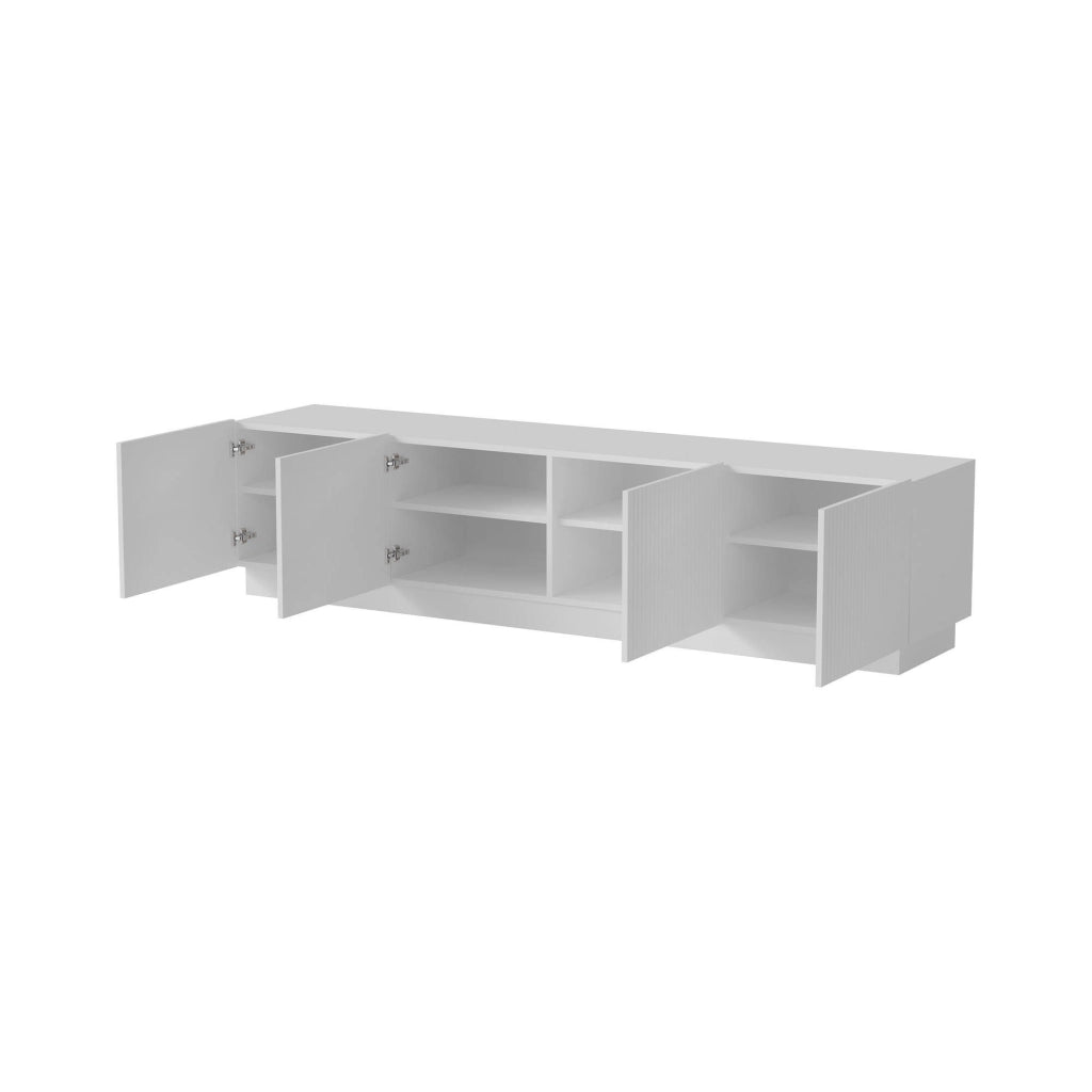Mobile porta TV Macherio, Madia da salotto con quattro ante battenti, Design minimal e moderno, 200x40 h48 cm, Bianco