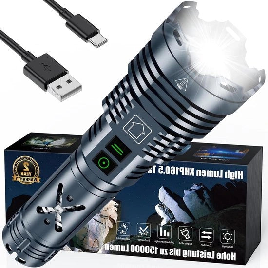 150.000 lumen lampa estremamente luminosa con XHP160.5 USB ricaricabile - 6 modalità di illuminazione - IP67 impermeabile - per camping e emergenze all'aperto - grigio