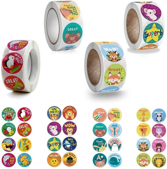 Sticker 2000 pezzi - Sticker rotondi colorati - Sticker animali - Aiutanti per l'incitamento - Stempelli per insegnanti - 24 modelli - Sticker premiali