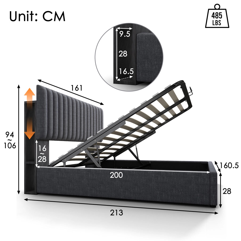 Letti contenitori 160x200 cm con contenitore e LED; lino; grigio (Senza materasso)