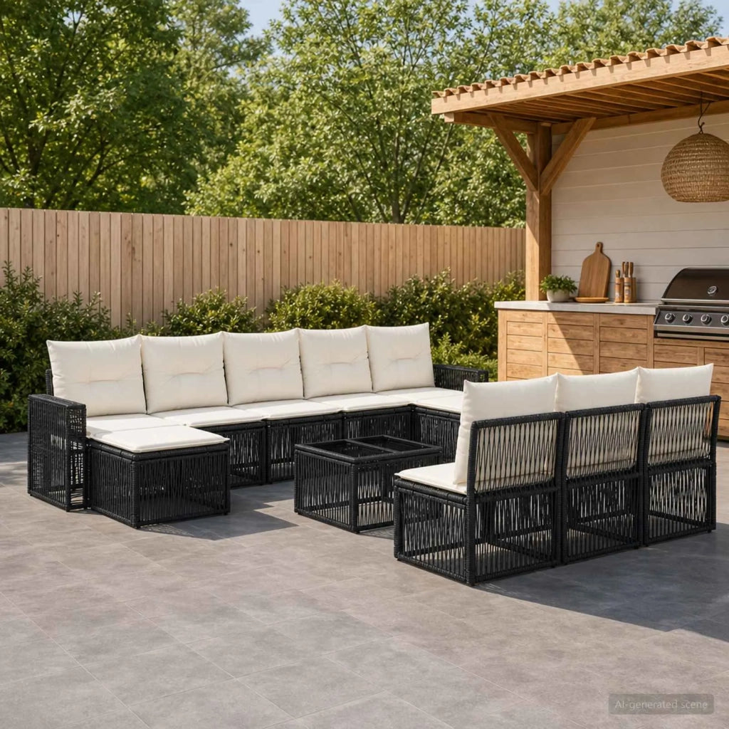 Set Divano da Giardino 11 pz Nero e Bianco Crema polyrattan 3435247