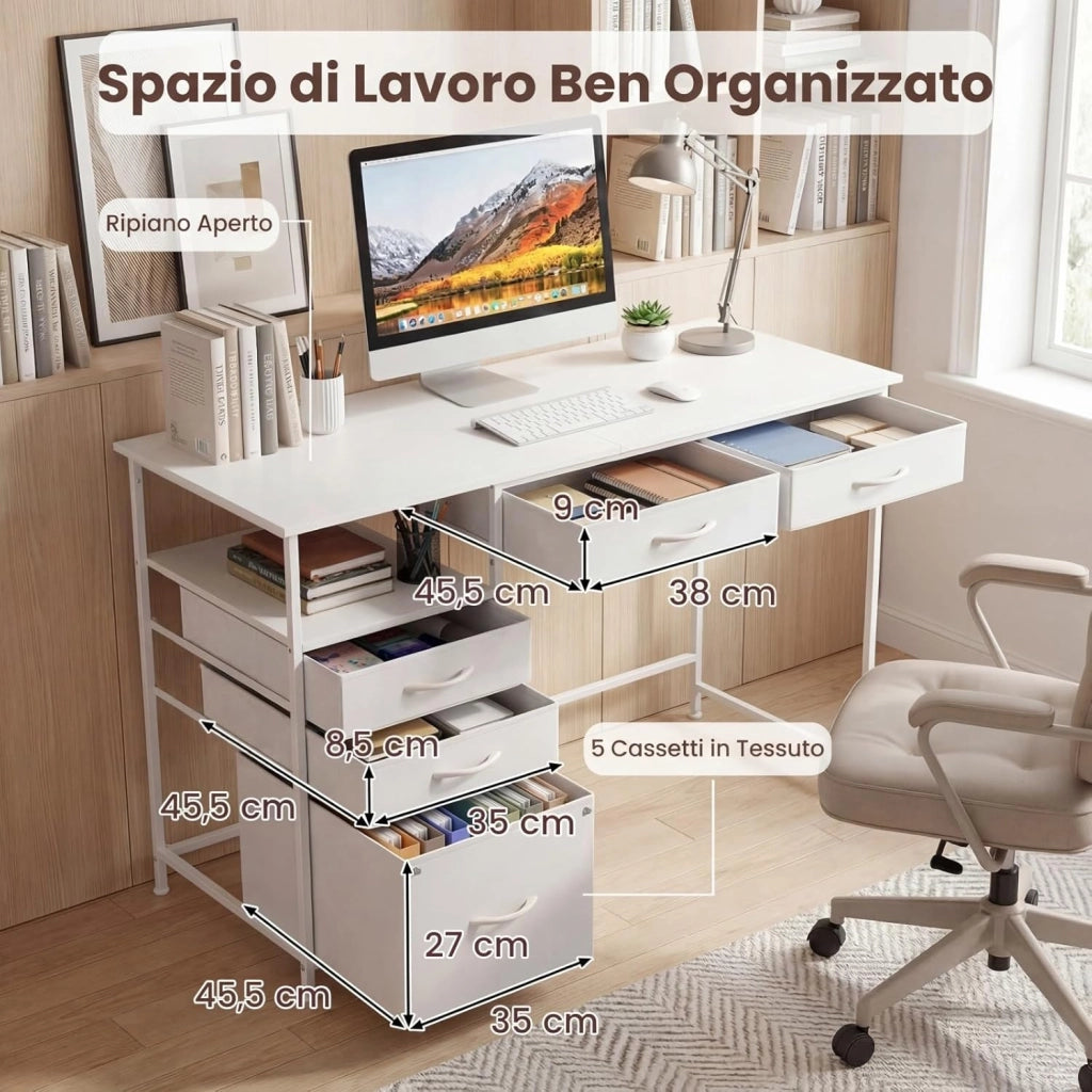 Scrivania per Computer 120 x 50 cm, Scrivania con Mensola, Cassetti in Tessuto e Struttura in Metallo, Scrittoio per PC per Ufficio, Camera da Letto e Studio (Bianco)