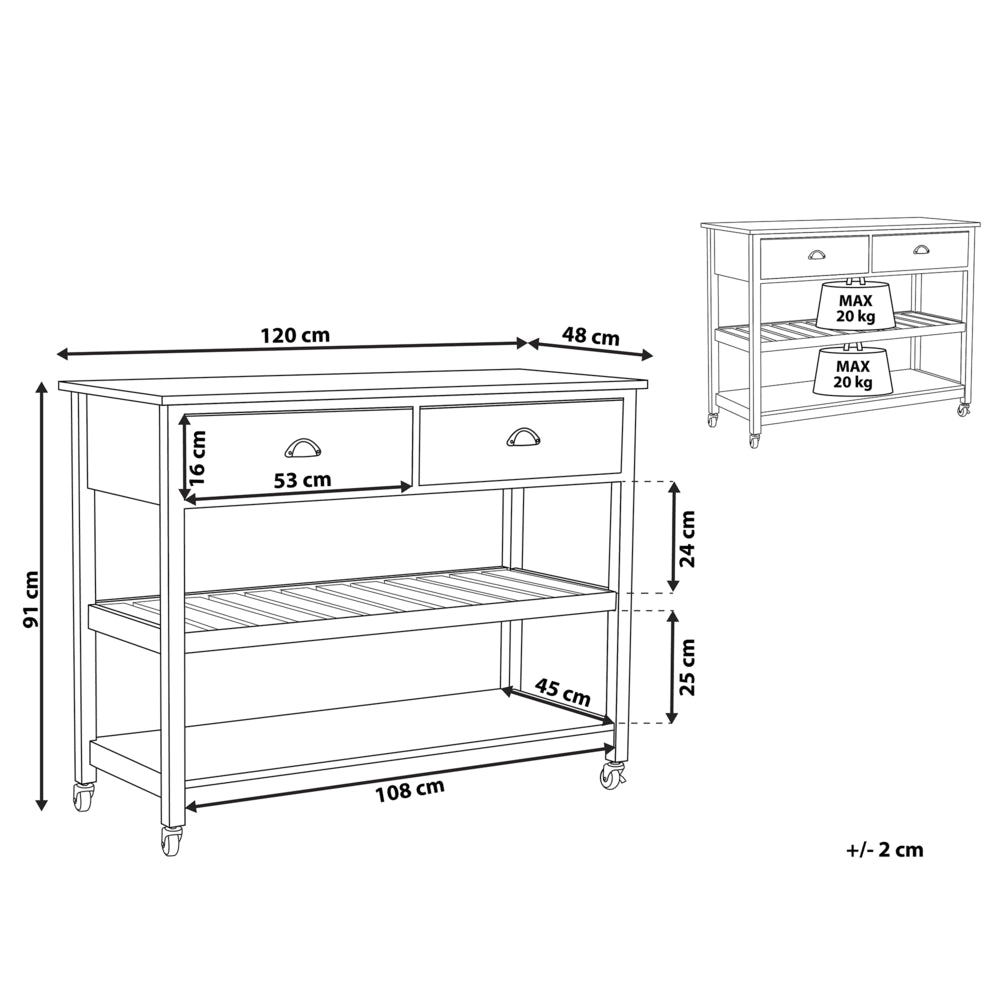 Carrello Cucina Bianco Legno Chiaro Piano 2 Ripiani 2 Posate Cassetti Rotelle Scandinavo Moderno