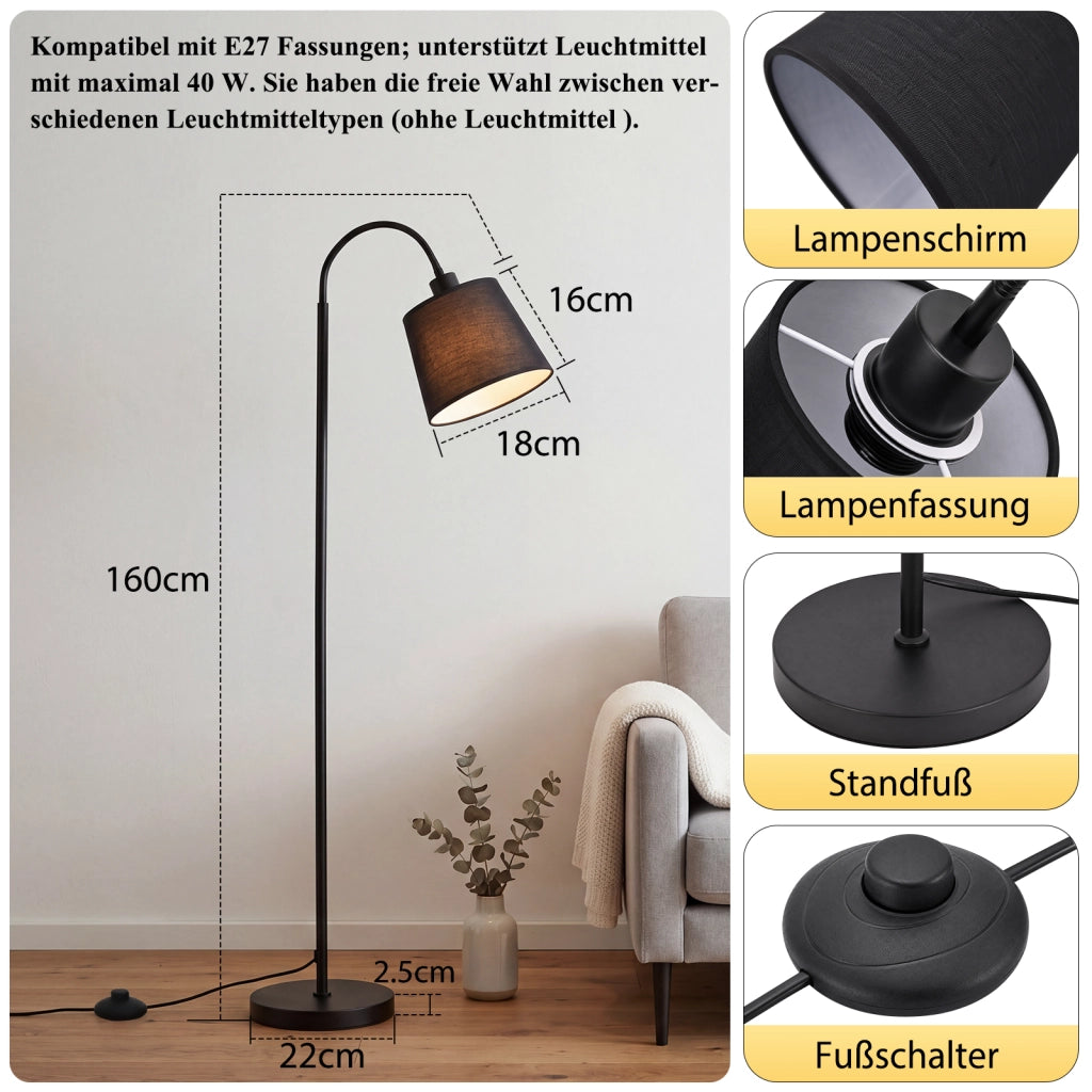 ZMH Lampada da Terra 160cm Paralume Nero Orientabile 360¡ã Interruttore a Pedale E27 Moderna per Camera Letto