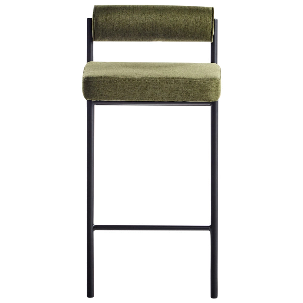 Set di 2 sedie da bar Rivestimento in poliestere verde Gambe in metallo nero Sgabelli senza braccioli Schienale arrotolato Cucina moderna sala da pranzo