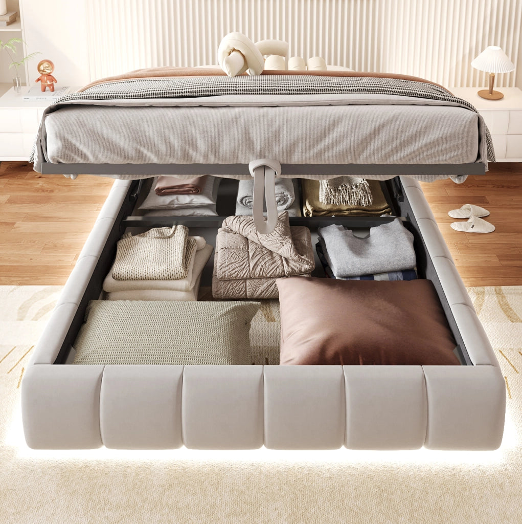 Letto imbottito 140x200 cm con contenitore, LED integrato e struttura idraulica