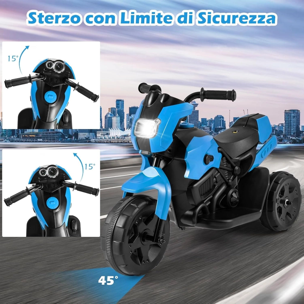6V Moto Elettrica per Bambini, Moto a 3 Ruote con Fari LED, Pedale a Piedi, Veicolo Elettrico a Batteria per Bambini 37-72 Mesi (Blu)