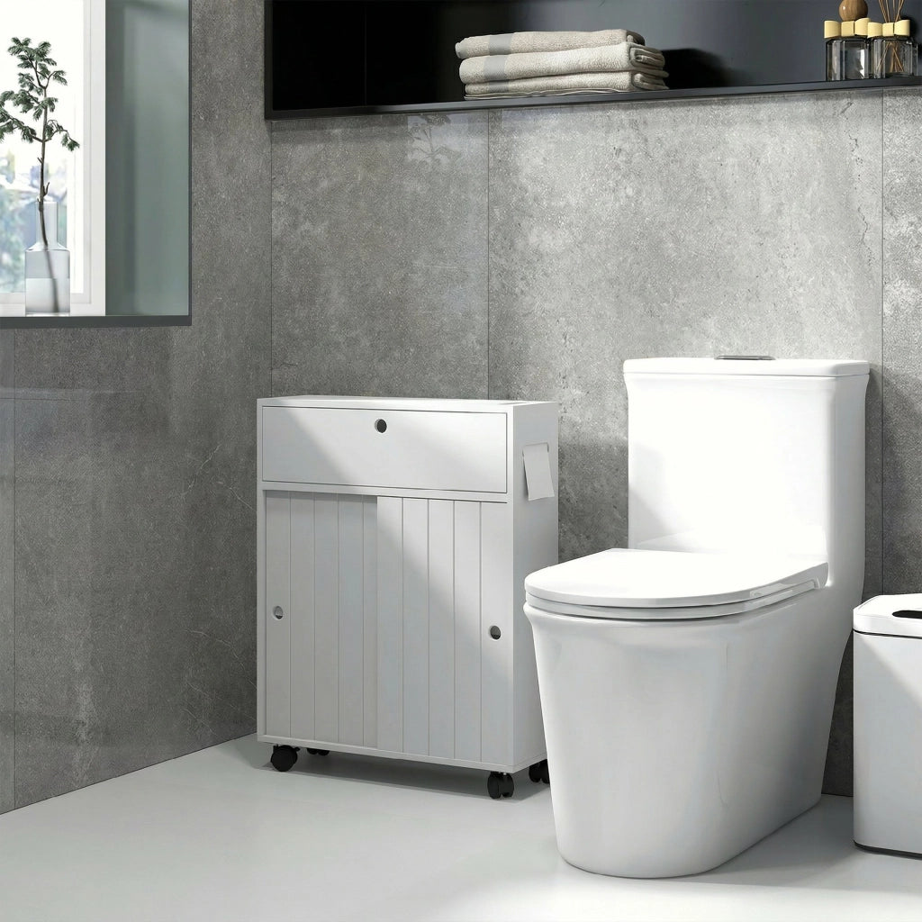 Mobile Bagno Stretto con Ante Scorrevoli, Ripiani Regolabili e Ruote ¨C Zephmum ¨C Bianco