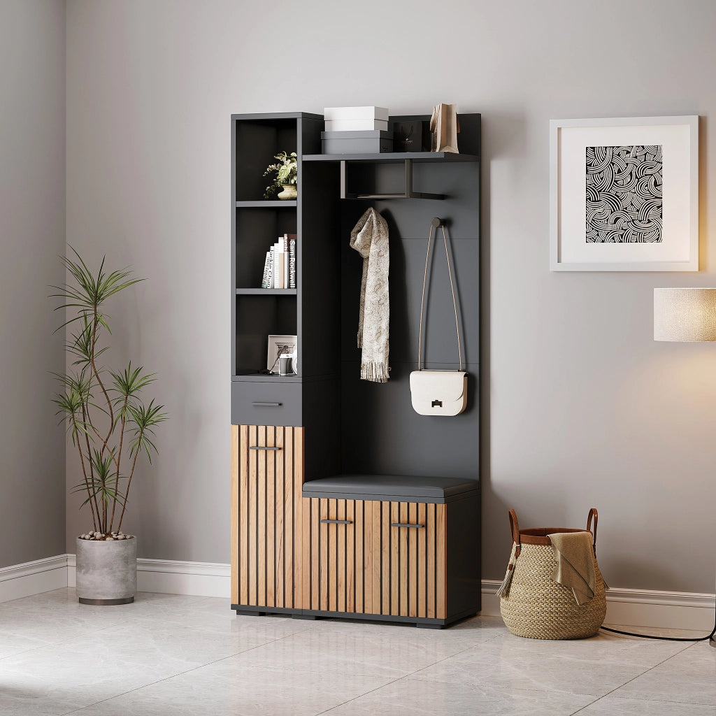 Mobile ingresso con 2 armadi; 1 cassetto; 5 vani; 2 ganci e panca; in pannello truciolare; 80 × 35 × 175 cm