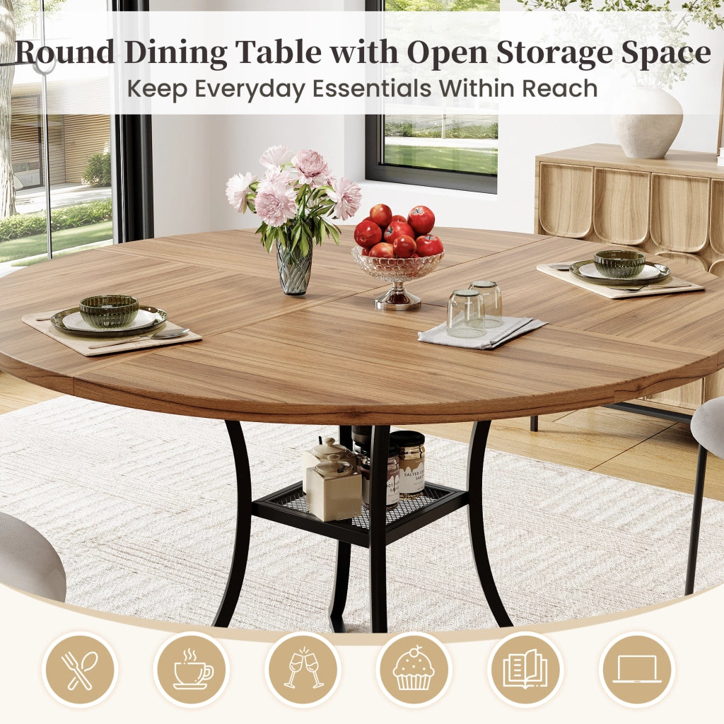 Tavolo da pranzo rotondo per 4-6 persone con ripiano aperto, in MDF effetto noce e metallo nero, 100 × 100 × 75 cm