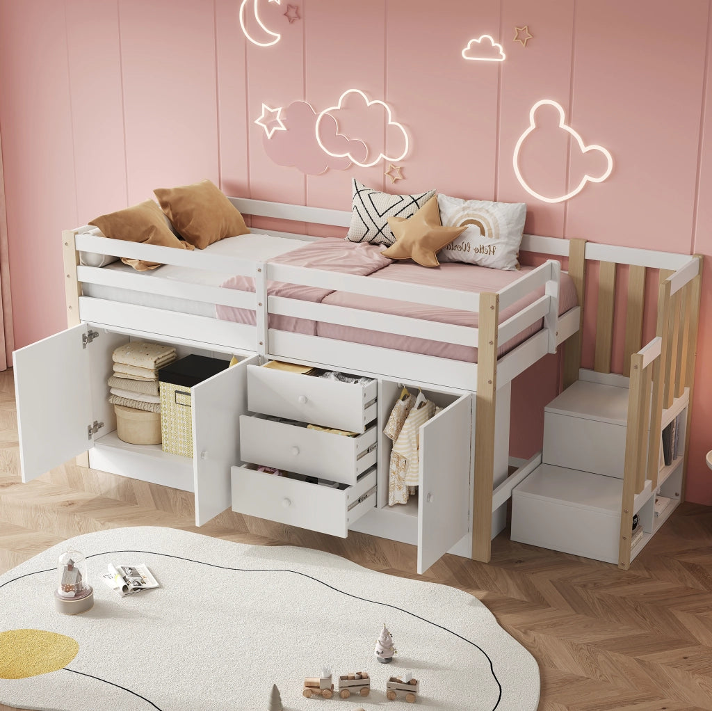 Letto a soppalco per bambini 90x200 cm bianco in MDF con scale; cassetti e armadi
