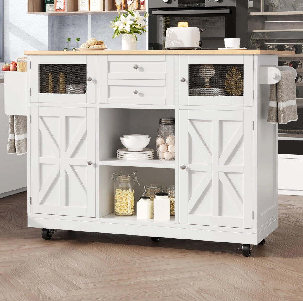 Carrello da cucina 140x70x93.5 cm con piano pieghevole in MDF bianco