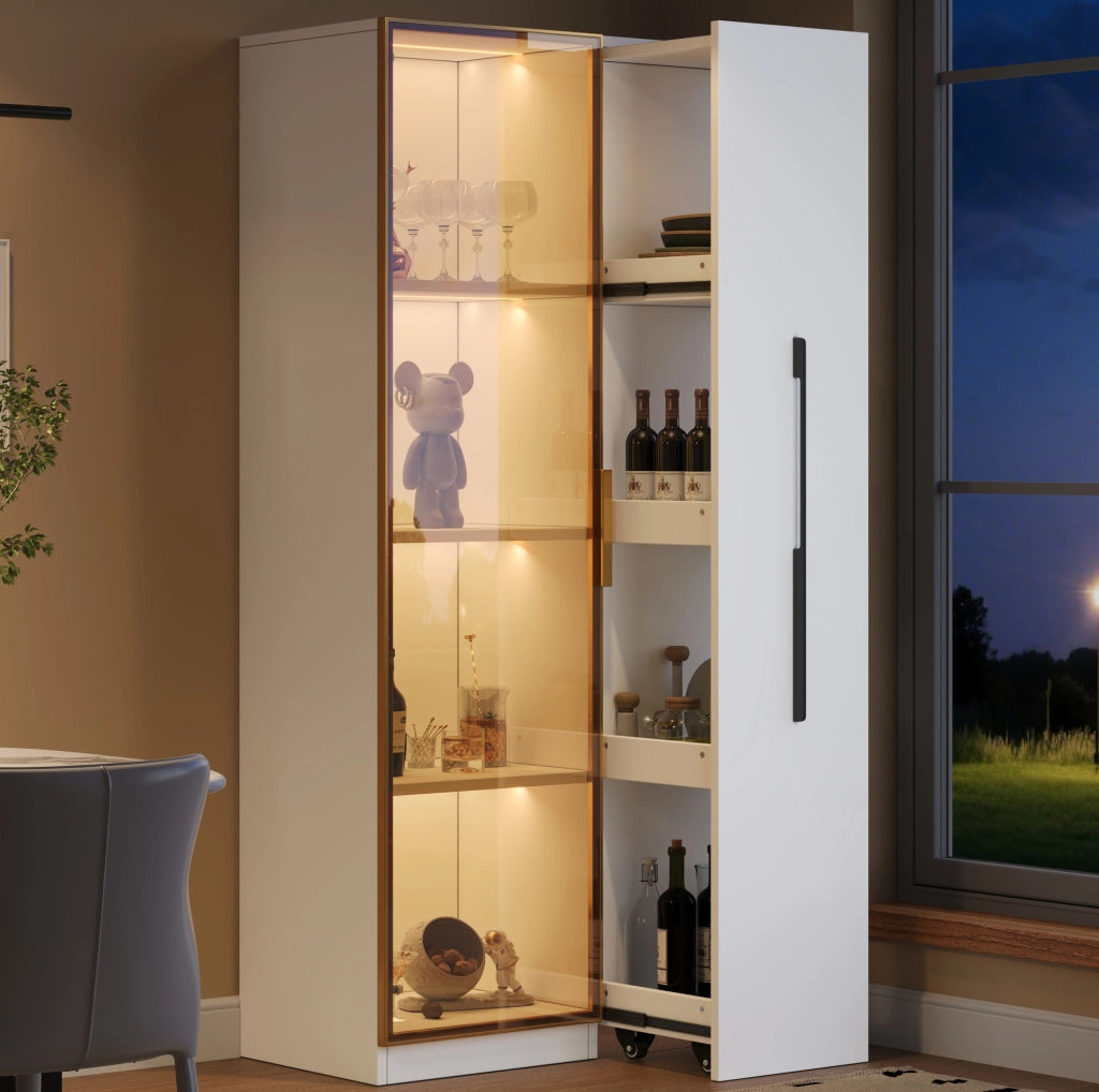 Vetrina bianca in MDF con LED, vetro ambrato e modulo laterale