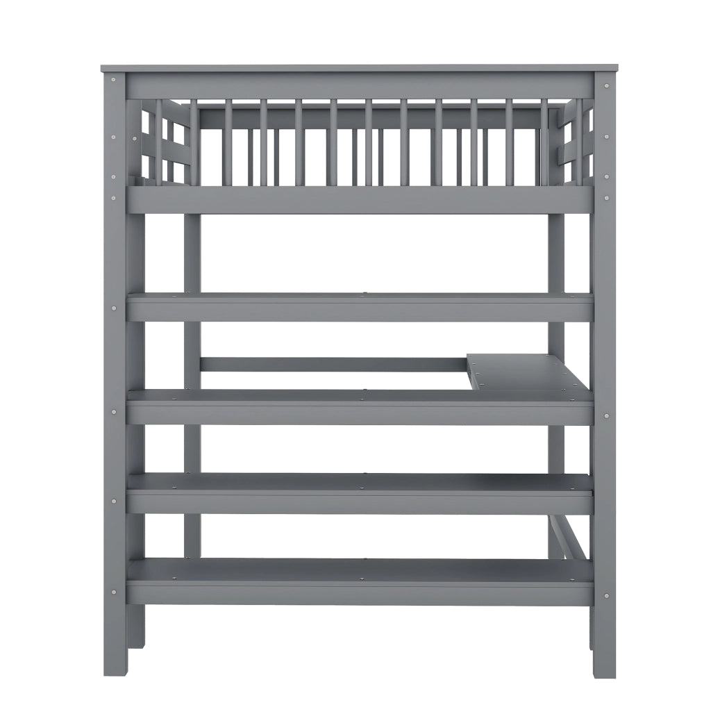 Letto a soppalco 140x200 cm grigio con scrivania e ripiani, legno di pino e MDF