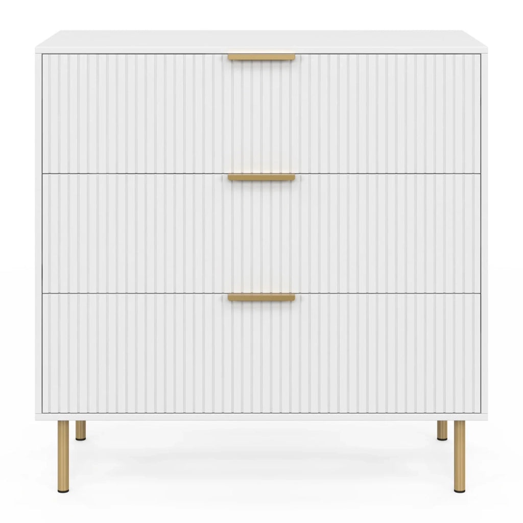IDMarket - MARCEL Cassettone a 3 cassetti da 80 cm con doghe bianche e oro