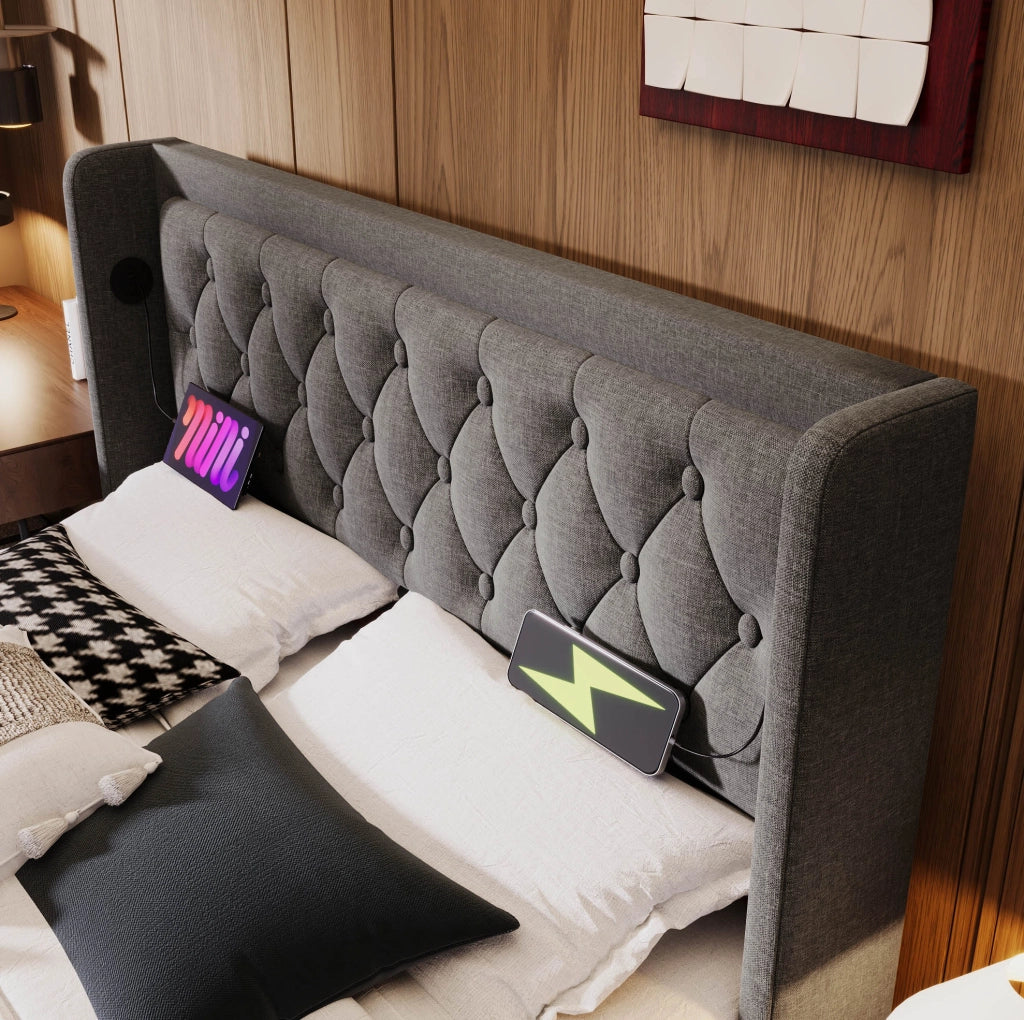 Letto contenitore 180x200 cm in cotone grigio con LED e USB,