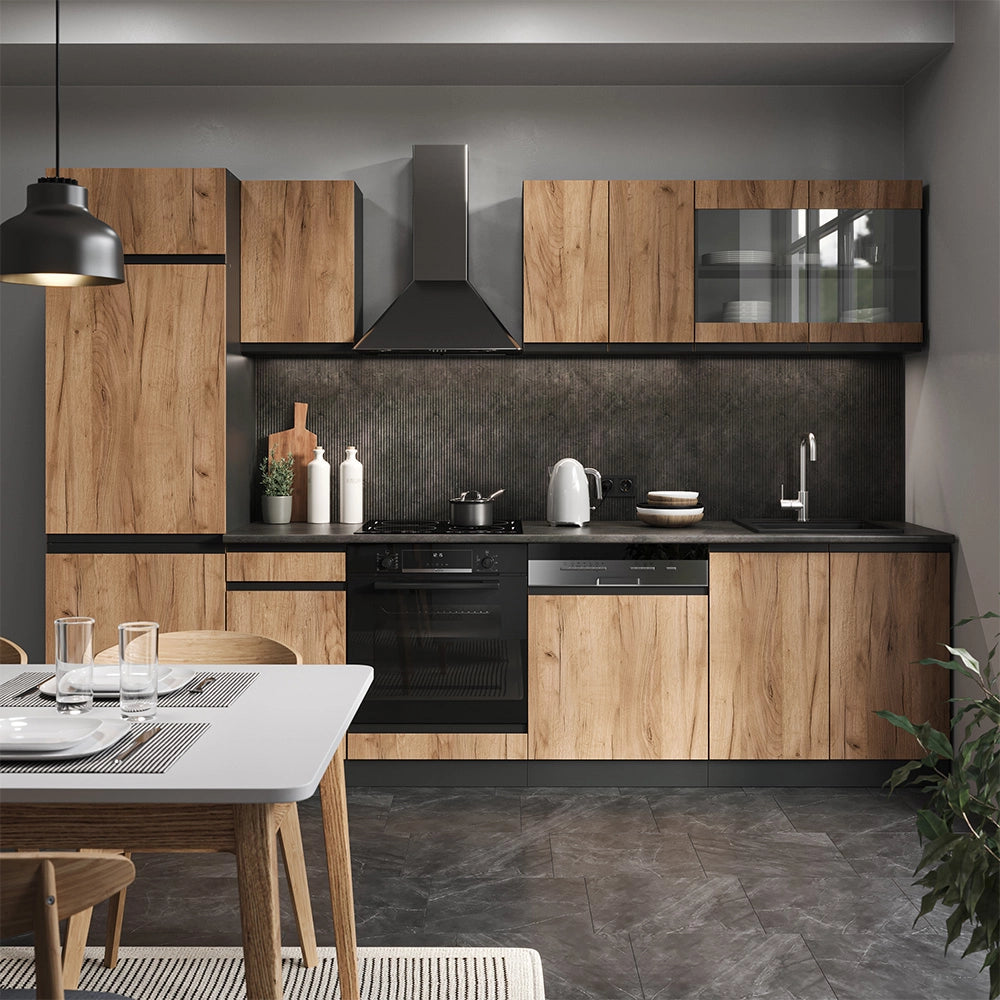 Cucina componibile R-Line Rovere dorato/Antracite 300 cm J-Shape, PL Marmo Vicco