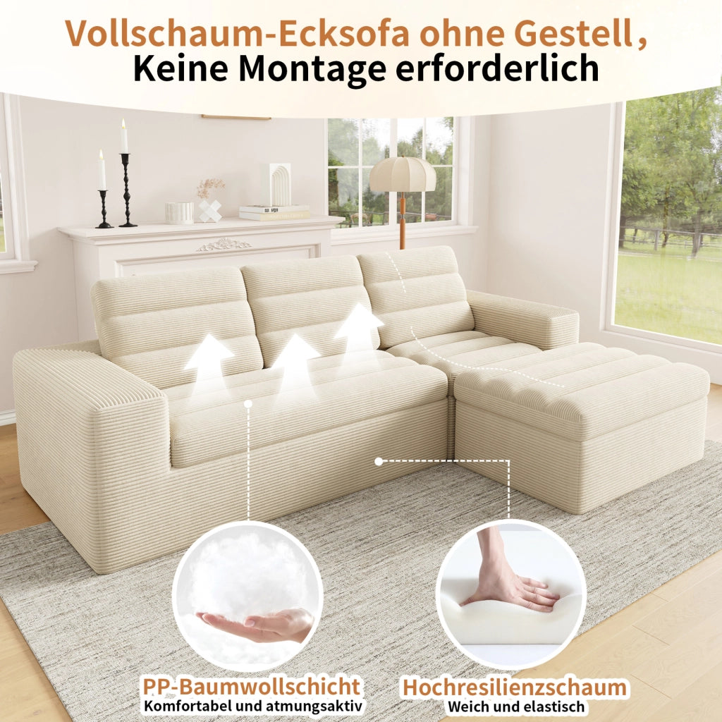 Divano modulare angolare con pouf in velluto a coste beige