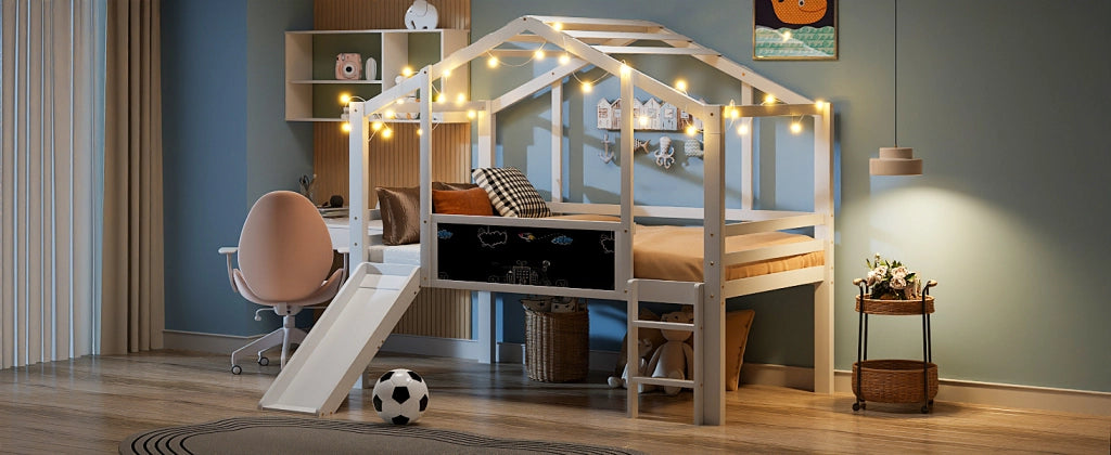 DESMIU Letto a soppalco per bambini 1 posto con scivolo, scala e lavagna, 90 × 200 cm, senza materasso