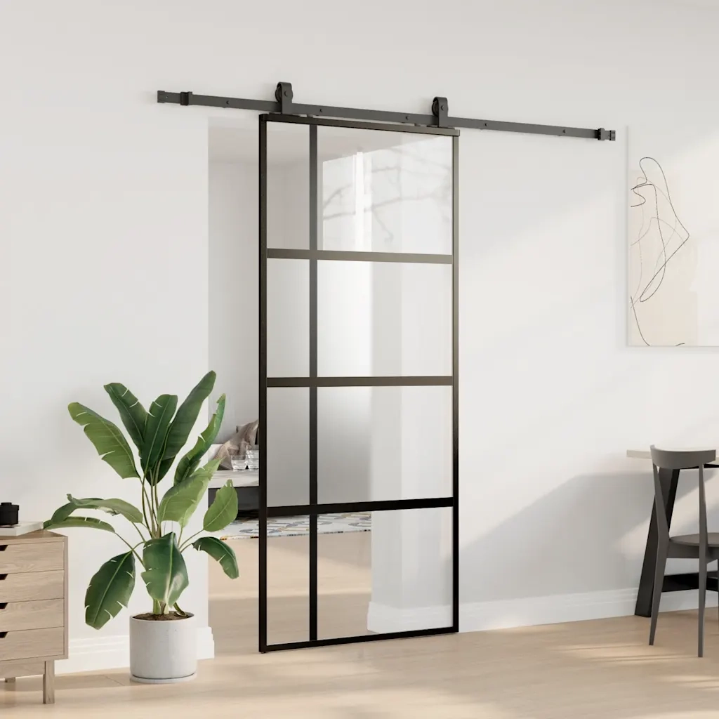 Porta Scorrevole Set Ferramenta Nera 90x205 cm Vetro Temperato 3375979