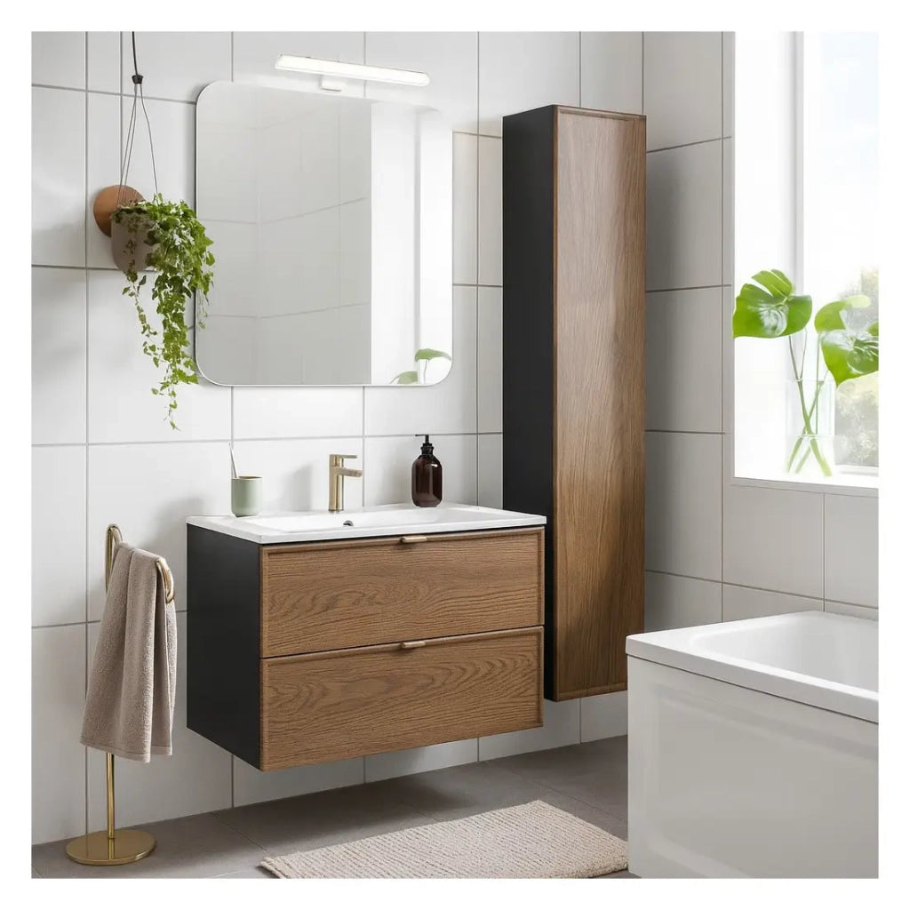 Set da bagno SAVIA: mobile sotto lavabo 80cm + lavabo incassato bianco + colonna contenitore