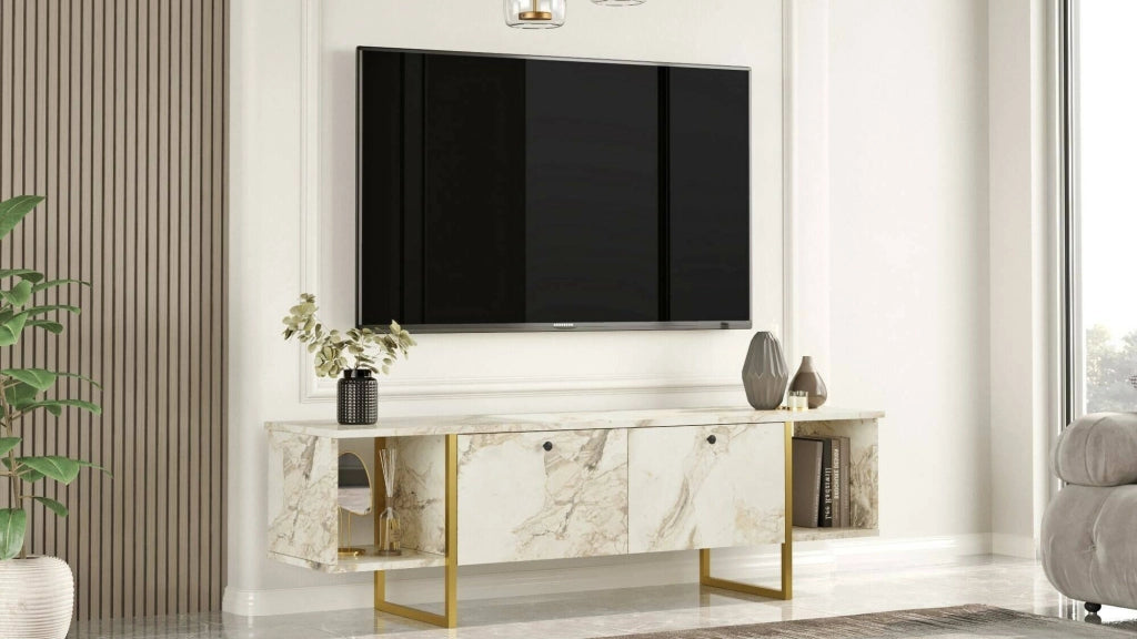 Mobile porta TV Adalberta, Credenza da soggiorno, Armadio basso per TV, Base parete attrezzata, 160x40h48 cm, Bianco e Oro