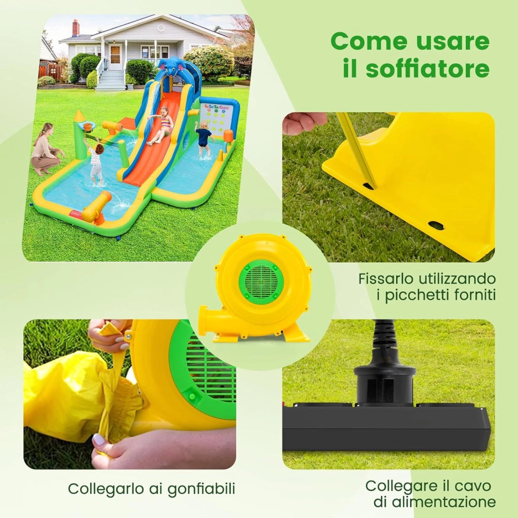 Ventilatore di Aria del Castello Gonfiabile, Soffiatore per Giochi Gonfiabili con Cavo di Alimentazione, Picchetti da Terreno, per Castello Gonfiabile, Scivolo Acquatico, 850W