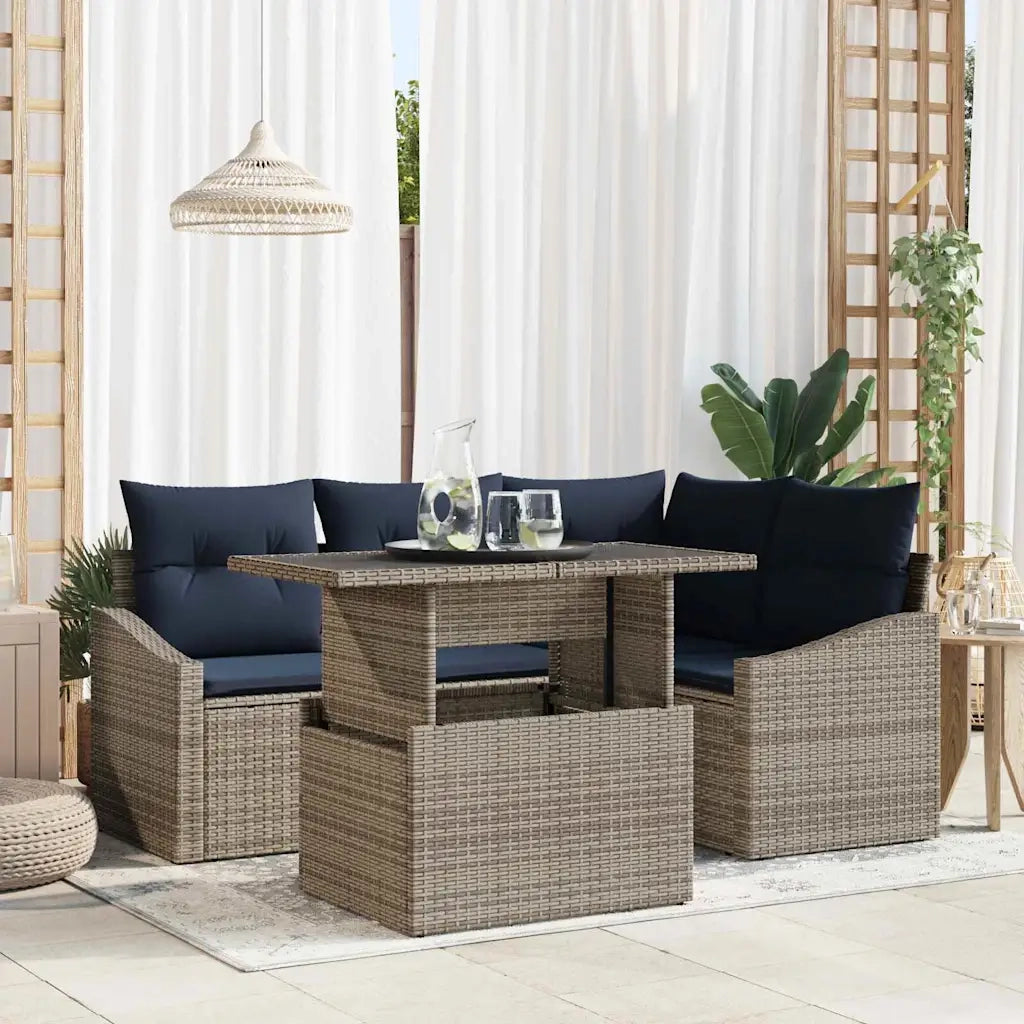 Set Divano da Giardino con cuscino 5 pcs Grigio e Blu Navy