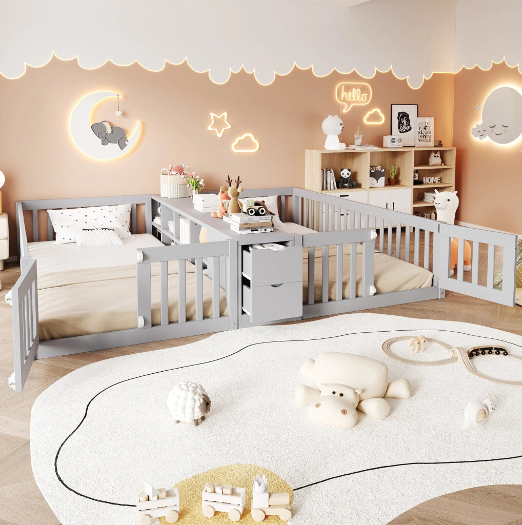 Letto doppio per bambini 2x90x200 cm con cassetti e ripiani in pino; compensato e MDF grigio