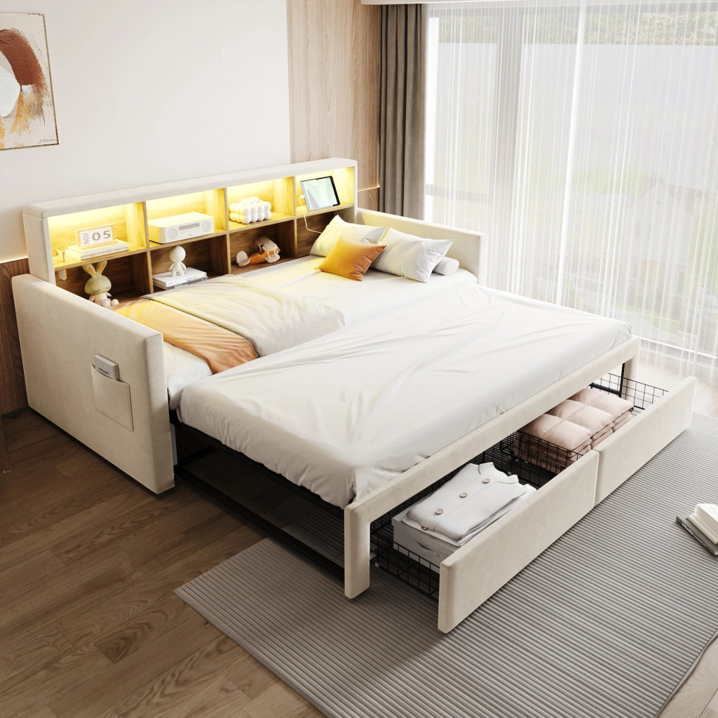 Divano letto imbottito estraibile 90x190 cm con LED; prese e cassetti; beige