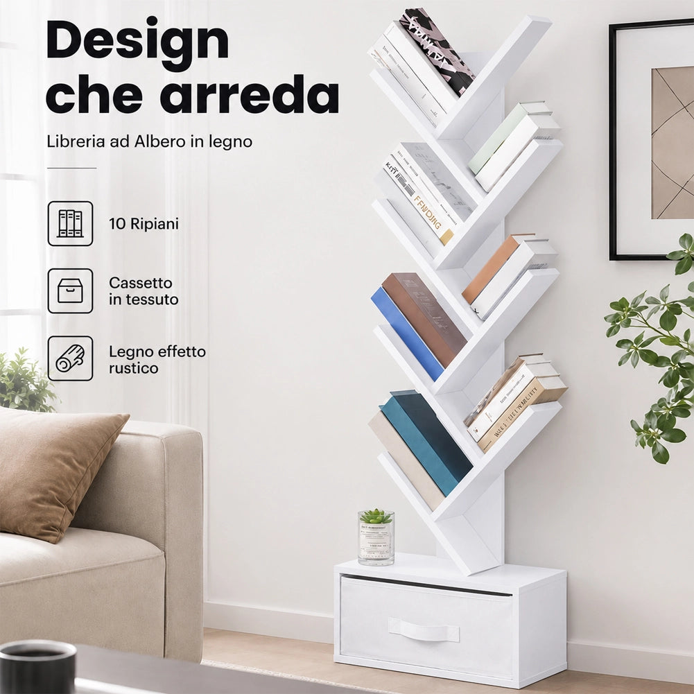 Libreria Design Moderno Bianco Scaffale 10 Ripiani con Cassetto Tessuto